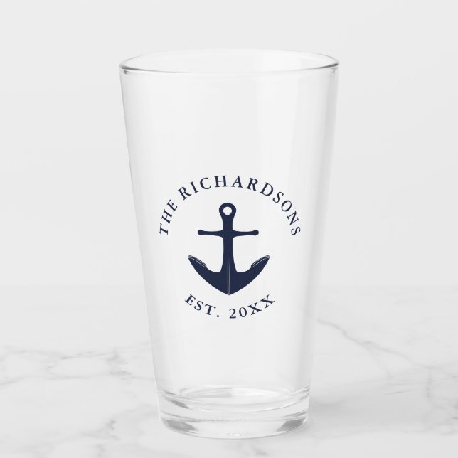Nautical Anchor Family Name Year Navy Blue Glass (Front)
