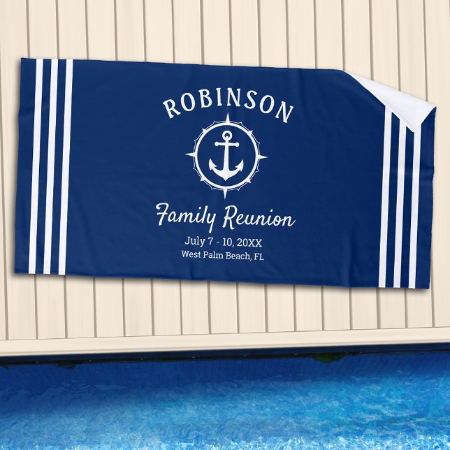Nautical Anchor Family Reunion Navy Blue & White Beach Towel (Creator Uploaded)