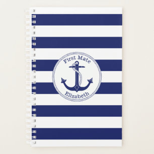 Nautical Anchor First Mate Navy Blue Stripe Planner