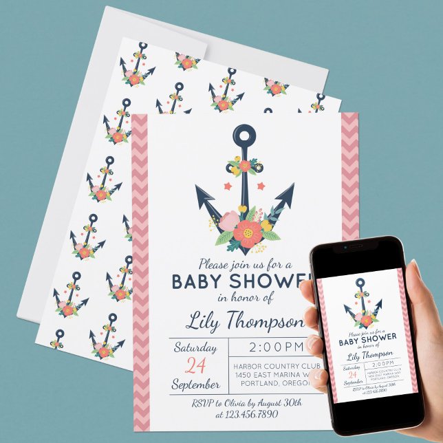 Nautical Anchor Floral Baby Girl Shower Invitation (Creator Uploaded)