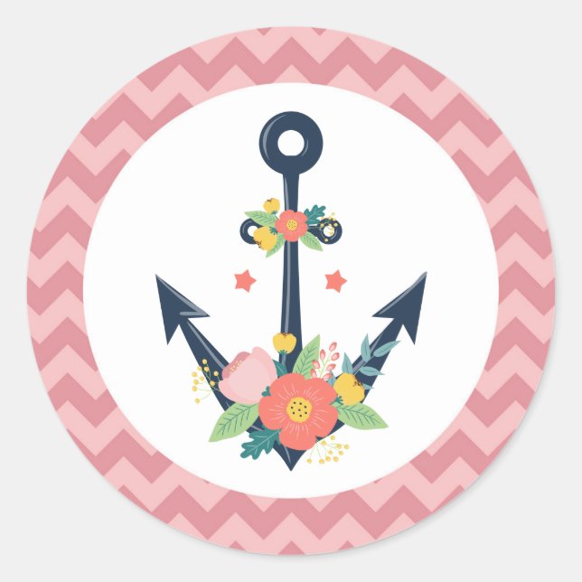 Nautical Anchor Floral Baby Girl Shower Party Classic Round Sticker (Front)