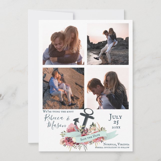 Nautical Anchor Floral Beach Wedding Multi Photo Save The Date (Front)