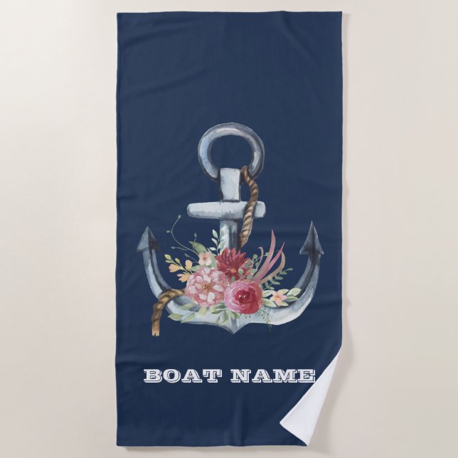 Nautical Anchor Floral Boat Name Navy Blue  Beach Towel (Front)