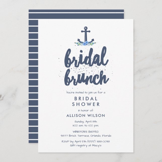 Nautical Anchor Floral Bridal Brunch Shower Invitation (Front/Back)