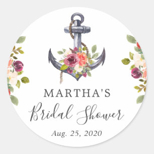 Nautical Anchor Floral Bridal Shower Favour Sticke Classic Round Sticker
