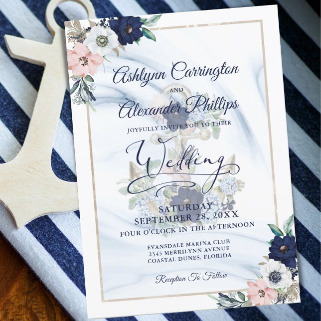 Nautical Anchor Floral Elegant Navy Blue Invitation (Creator Uploaded)