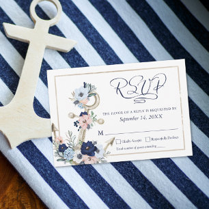 Nautical Anchor Floral Elegant Script Navy Blue RSVP Card