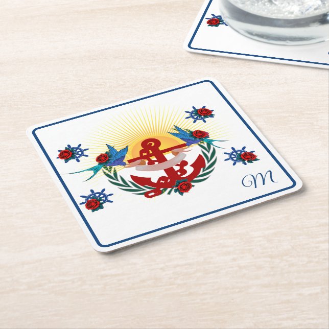 Nautical Anchor Floral Red Blue  Square Paper Coaster (Angled)