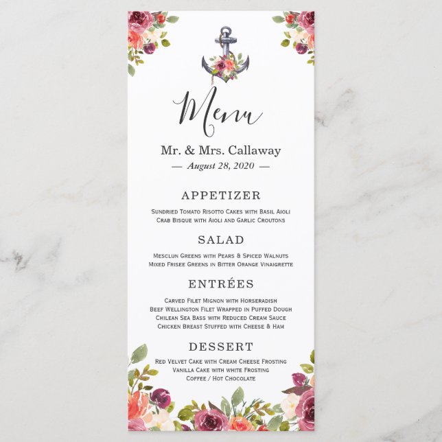Nautical Anchor Floral Wedding Menu (Front)