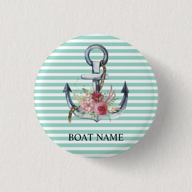 Nautical,Anchor Flowers Mint Green Stripes   3 Cm Round Badge (Front)