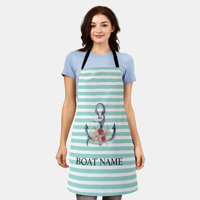 Nautical,Anchor Flowers Mint Green Stripes    Apron (Worn)