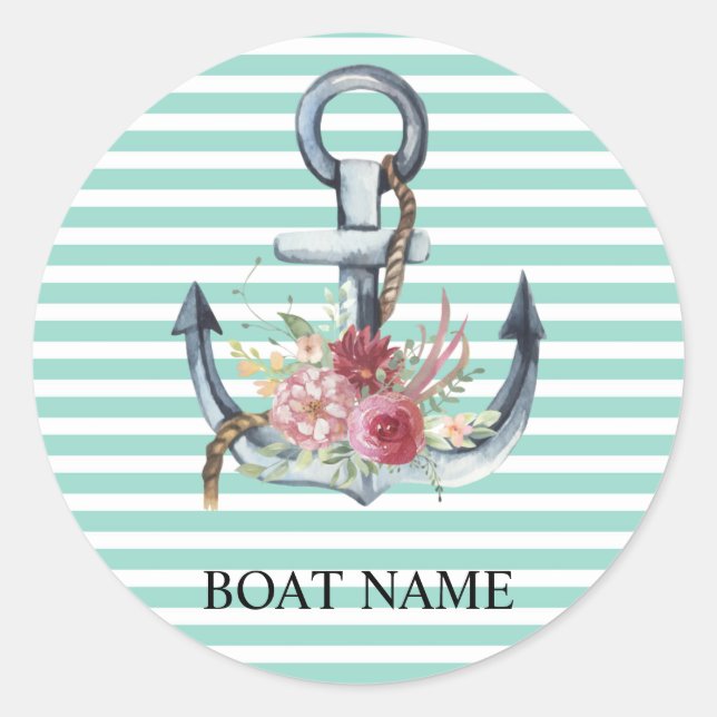 Nautical,Anchor Flowers Mint Green Stripes    Classic Round Sticker (Front)