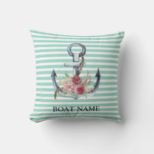 Nautical,Anchor Flowers Mint Green Stripes Cushion