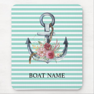 Nautical,Anchor Flowers Mint Green Stripes Mouse Pad