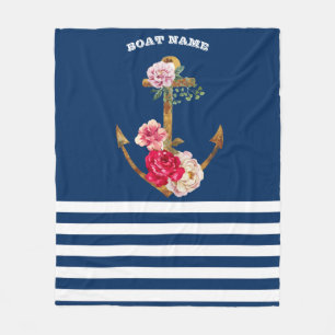 Nautical,Anchor Flowers Navy Blue Stripes Fleece Blanket