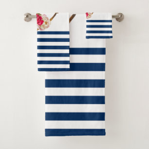 Nautical,Anchor Flowers Navy Blue White Stripes Bath Towel Set