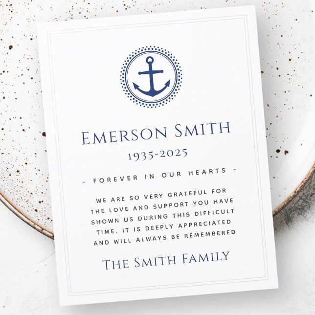 Nautical anchor funeral sympathy thank you card (Nautical anchor funeral sympathy thank you card)