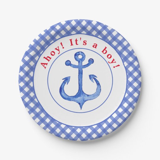 Nautical Anchor | Gingham Babyshower Paper Plate