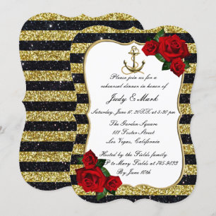Nautical Anchor Gold Black Stripe Rehearsal Dinner Invitation