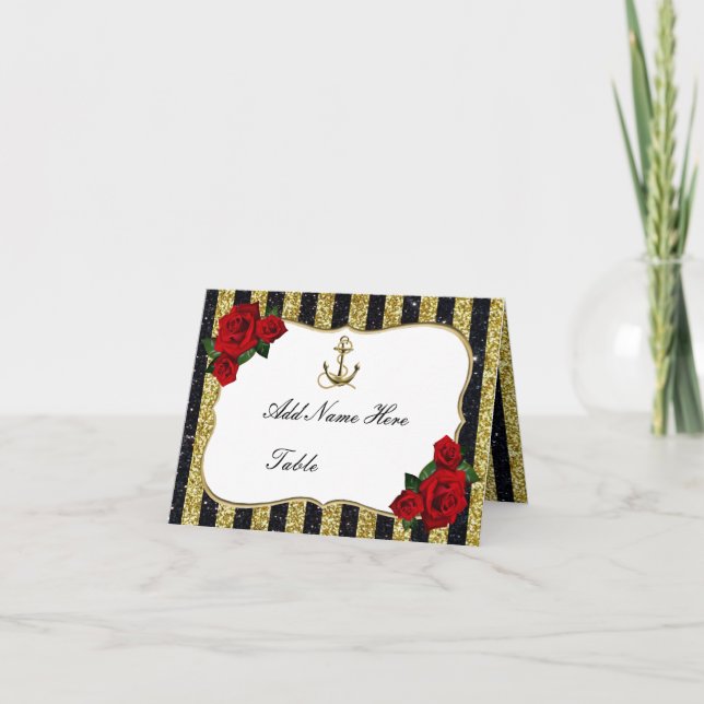 Nautical Anchor Gold Black Stripe Table Place Card (Front)