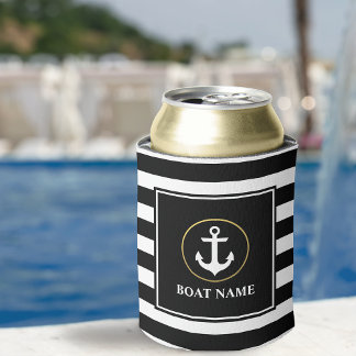 Nautical Anchor Gold Black Striped Boat Name Can Cooler