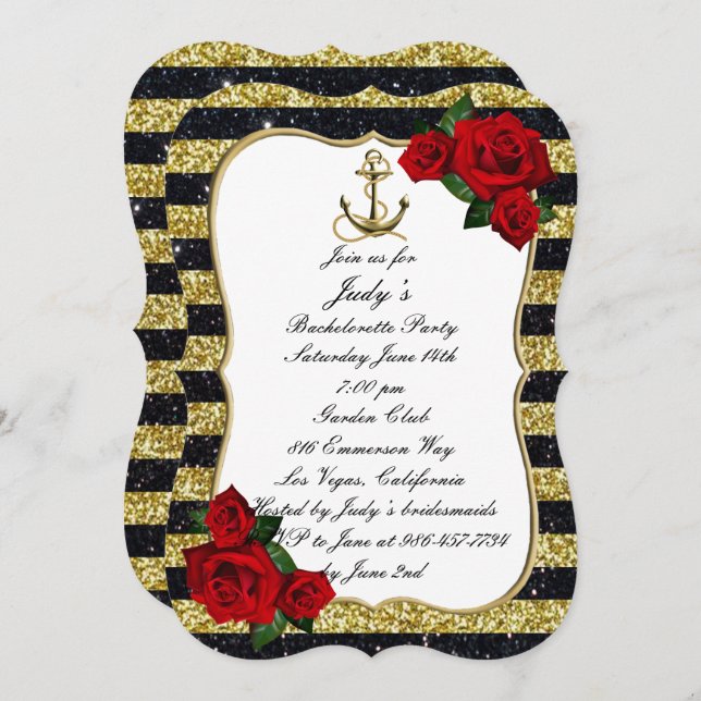 Nautical Anchor Gold Black Stripes Bachelorette Invitation (Front/Back)