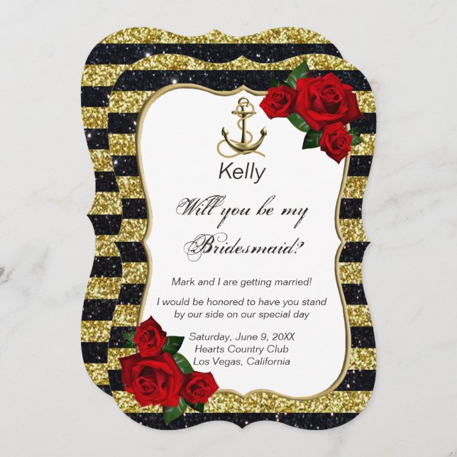 Nautical Anchor Gold Black Stripes Bridesmaid Invitation (Front/Back)