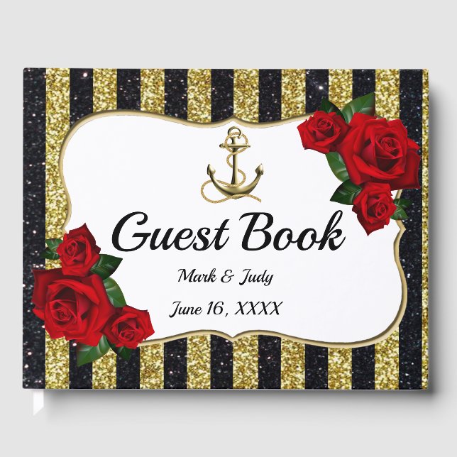 Nautical Anchor Gold Black Stripes Guestbook (Front)