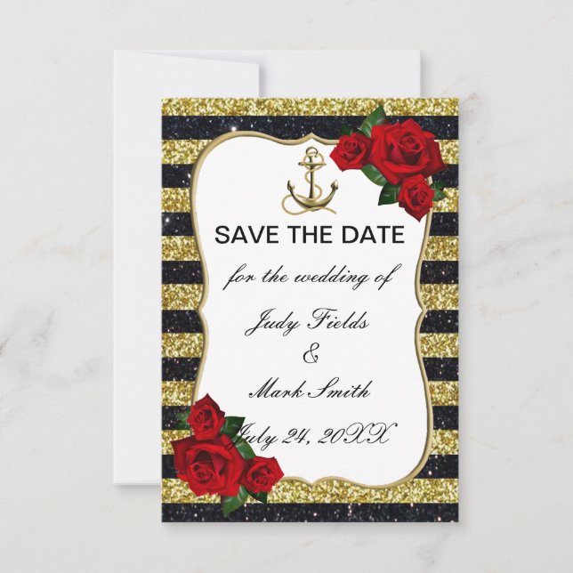 Nautical Anchor Gold Black Stripes Save The Date RSVP Card (Front)