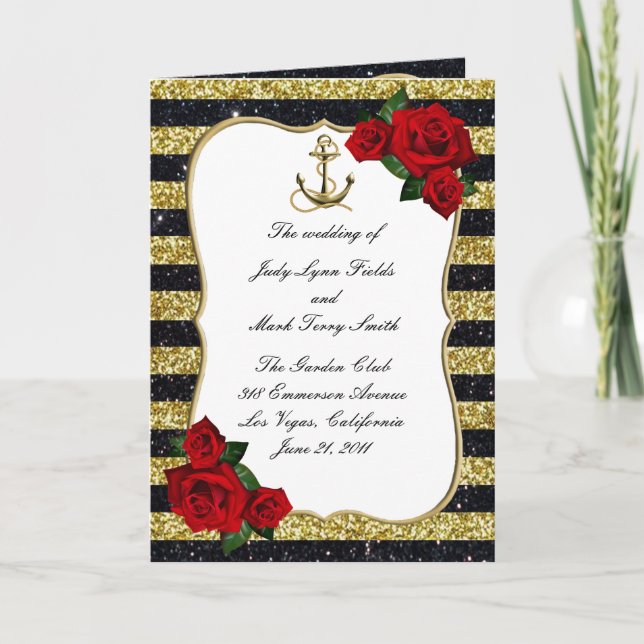 Nautical Anchor Gold Black Stripes Wedding Program (Front)