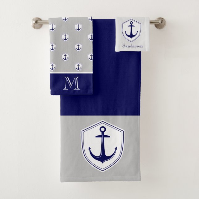Nautical Anchor Grey Blue Navy Bathroom Bath Towel (Insitu)