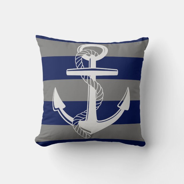 Nautical Anchor, Grey & Blue Stripe Cushion (Front)