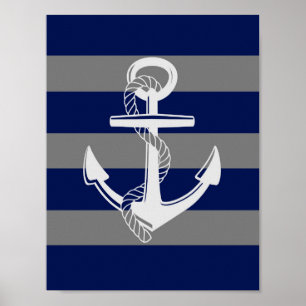 Nautical Anchor, Grey & Blue, Wall Art Print