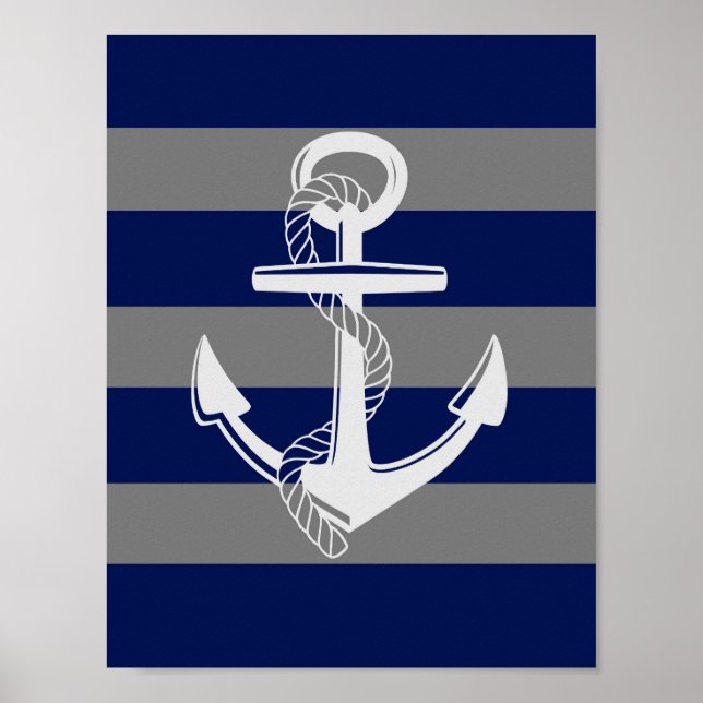 Nautical Anchor, Grey & Blue, Wall Art Print (Front)