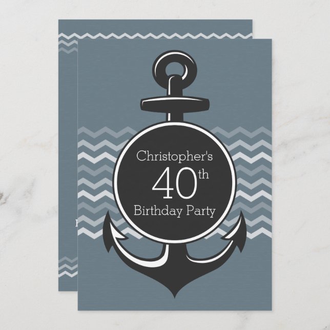 Nautical Anchor Grey Chevron 40th Birthday Party Invitation (Front/Back)