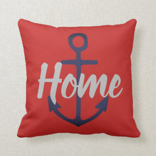 nautical ANCHOR + grey HOME type on red Cushion