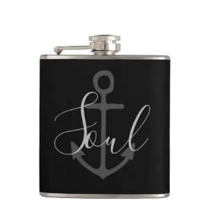 nautical ANCHOR + grey SOUL type on black Hip Flask
