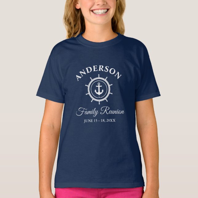 Nautical Anchor Helm Family Reunion Blue Kids T-Shirt (Front)