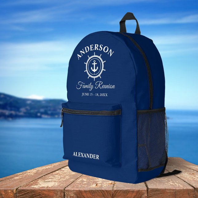 Nautical Anchor Helm Family Reunion Navy Blue Printed Backpack (Customize to change text size or text style.)