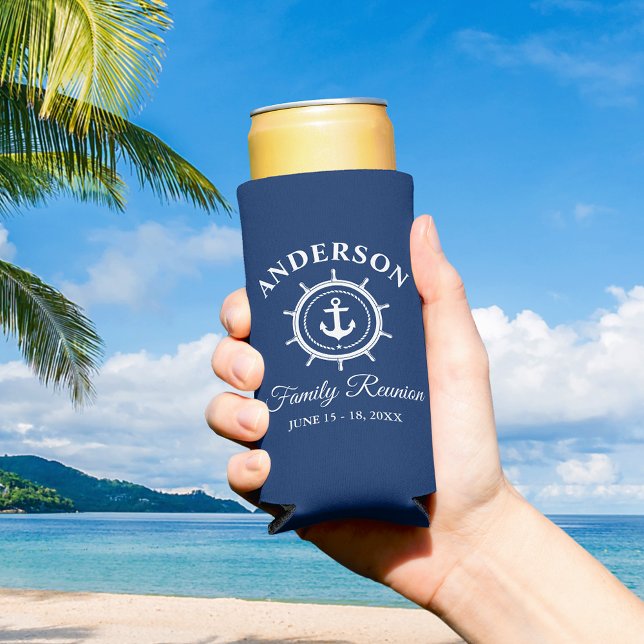 Nautical Anchor Helm Family Reunion Navy Blue Seltzer Can Cooler (Customize to change text size or text style.)