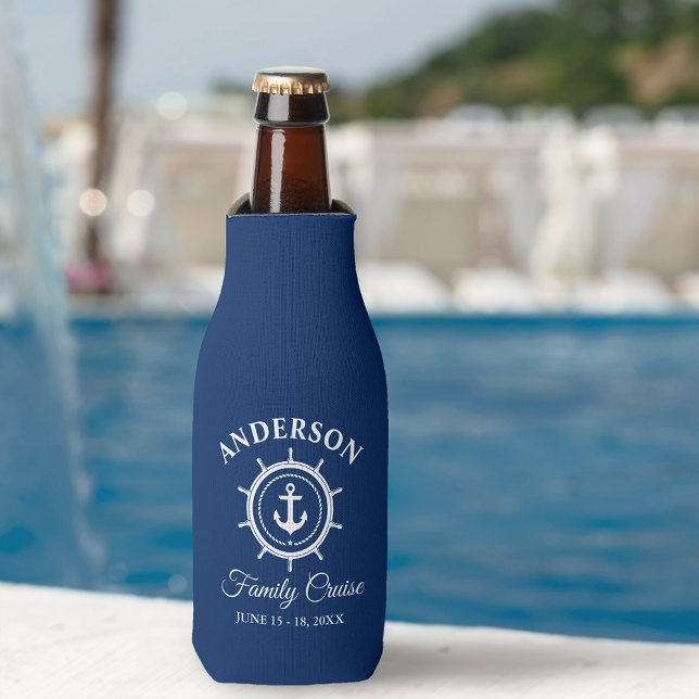 Nautical Anchor Helm Navy Blue Family Cruise Bottle Cooler (Customize to change background color.)