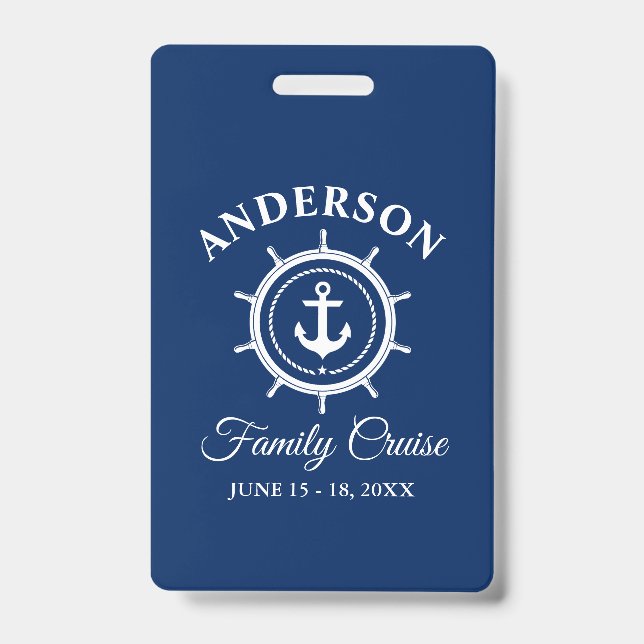 Nautical Anchor Helm Navy Blue Family Cruise ID Badge (Front)