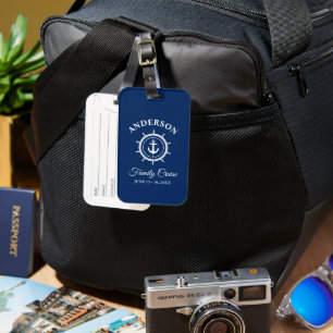 Nautical Anchor Helm Navy Blue Family Cruise Luggage Tag