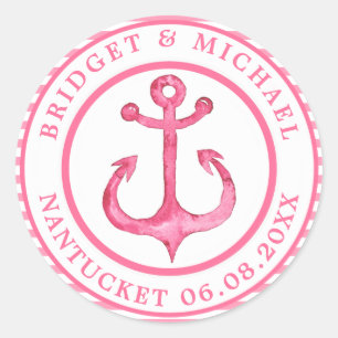 Nautical Anchor - Hot Pink Striped Personalised Classic Round Sticker