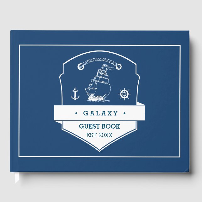 Nautical Anchor Icon and Yacht Navy Blue Guest Book (Front)
