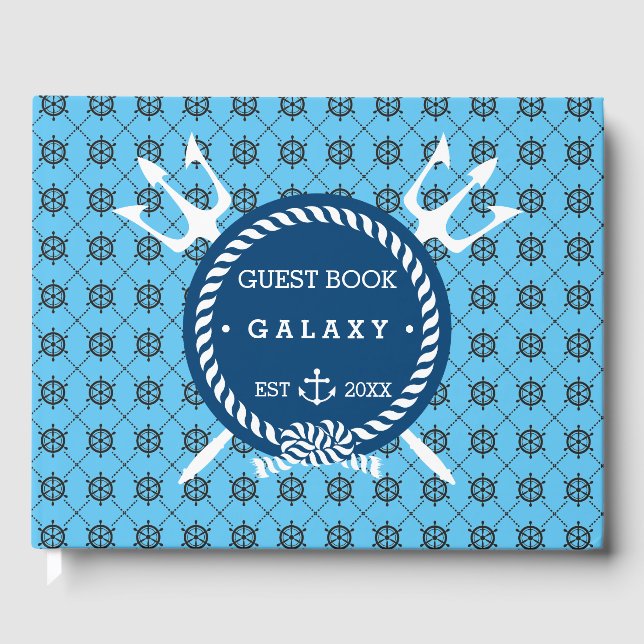 Nautical Anchor Icon and Yacht Turquoise Blue Boat Guest Book (Front)