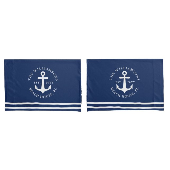 Nautical Anchor Light Navy Blue and White  Pillowcase (Front-Set)