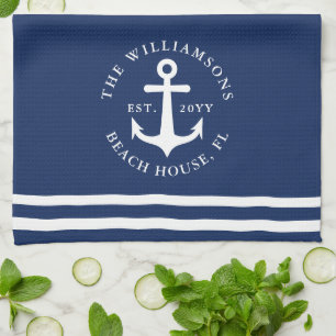 Nautical Anchor Light Navy Blue White Monogrammed Tea Towel