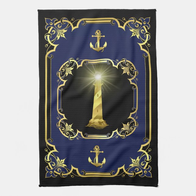 Nautical anchor/lighthouse gilded black/gold/blue tea towel (Vertical)