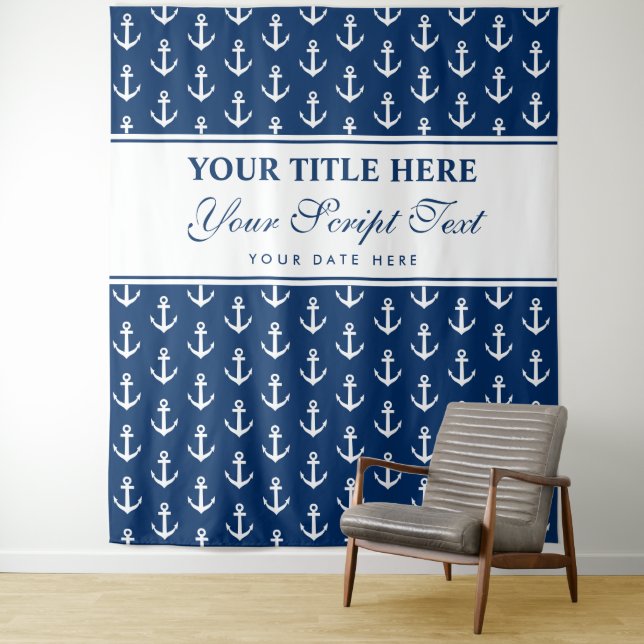 Nautical anchor logo wedding party photo backdrop tapestry (In Situ)